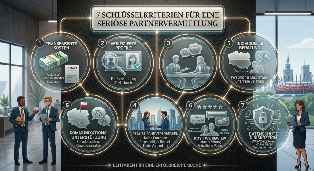 Infografik zu den 7 Schlüsselkriterien für eine seriöse Partnervermittlung, dargestellt in einem modernen Büro mit Blick auf Warschau.