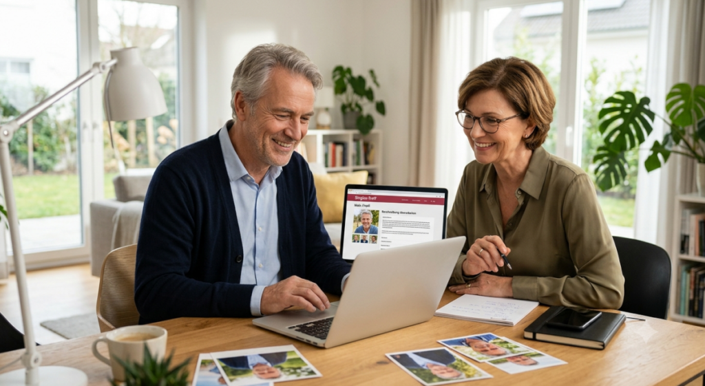 Mann um die 60 erhält professionelle Unterstützung bei der Erstellung seines Dating-Profils und der Auswahl passender Fotos für die Partnersuche.