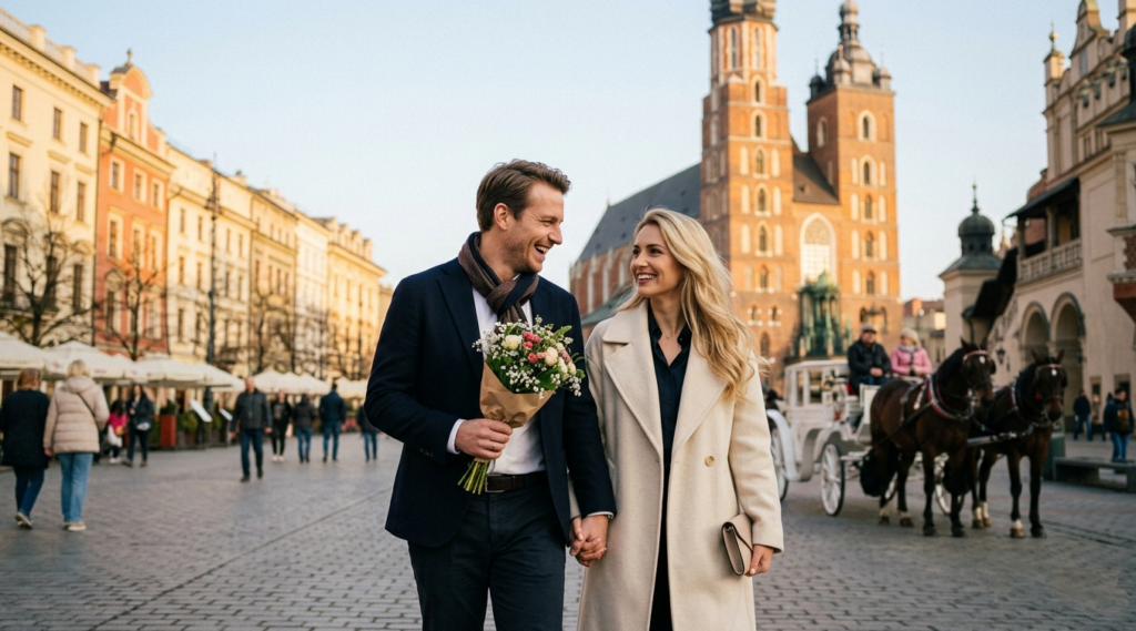 Ein elegantes Paar spaziert Hand in Hand über den historischen Marktplatz in Krakau beim ersten Date. Der Mann hält einen ungeraden Blumenstrauß, im Hintergrund ist die Marienkirche und eine Pferdekutsche zu sehen.